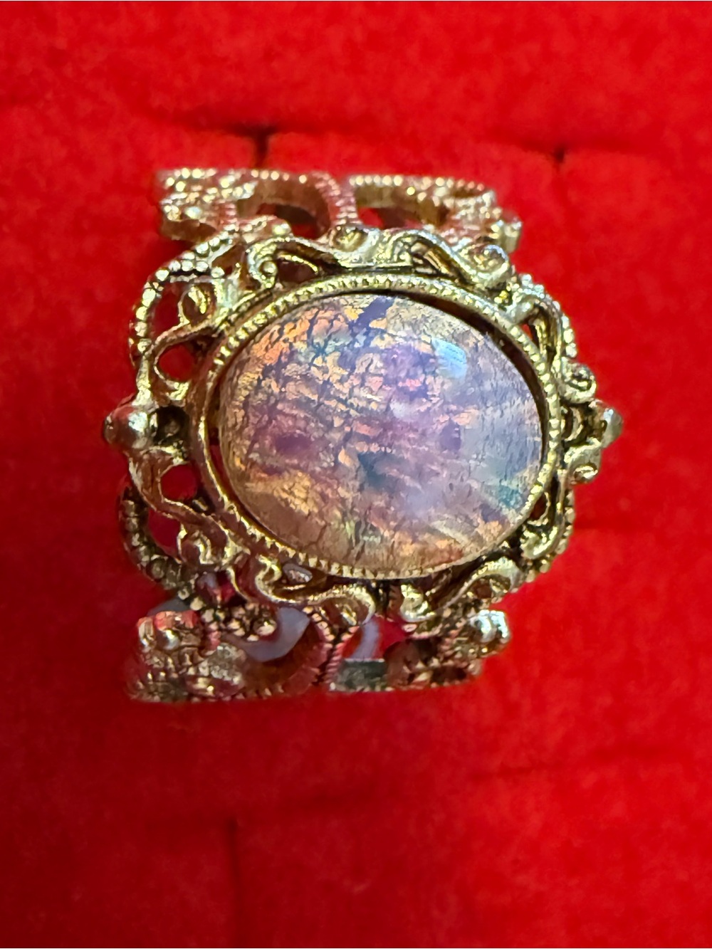 Vintage Brutalist Faux Fire  OpalGold Filigree Ring with Iridescent